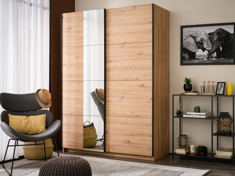 Guardaroba Grande Marrone Rovere Nodi Nero Appendiabiti 2 Ripiani 145.5x217.5h cm, Apertura Scorrevole - Pasturo