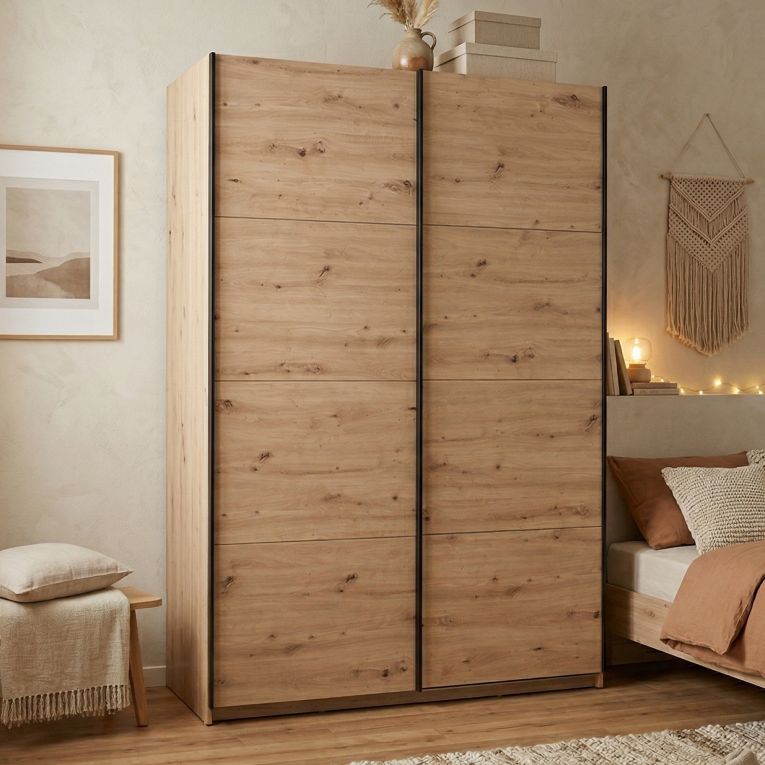 Guardaroba Grande Marrone Rovere Nodi Nero Appendiabiti 2 Ripiani 145.5x217.5h cm, Apertura Scorrevole - Tredozio