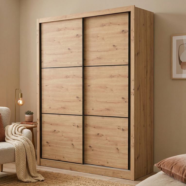 Guardaroba Grande Marrone Rovere Nodi Nero Appendiabiti 5 Ripiani 166x215.5h cm, Apertura Scorrevole - Faedis