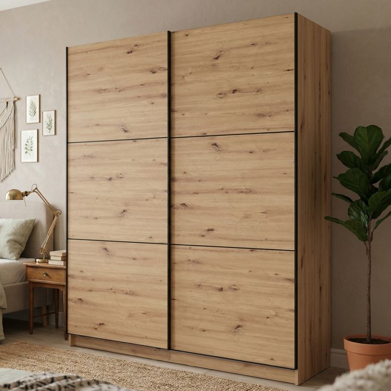 Guardaroba Grande Marrone Rovere Nodi Nero Appendiabiti 5 Ripiani 179x210h cm, Apertura Scorrevole - Cerchio