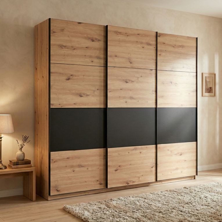 Guardaroba Grande Marrone Rovere Nodi Nero Appendiabiti 6 Ripiani 262.5x224h cm, Apertura Scorrevole - Miggiano