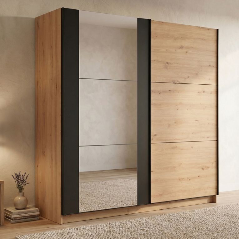 Guardaroba Grande Marrone Rovere Nodi Nero Appendiabiti 8 Ripiani 217x210h cm, Apertura Scorrevole - Gandino