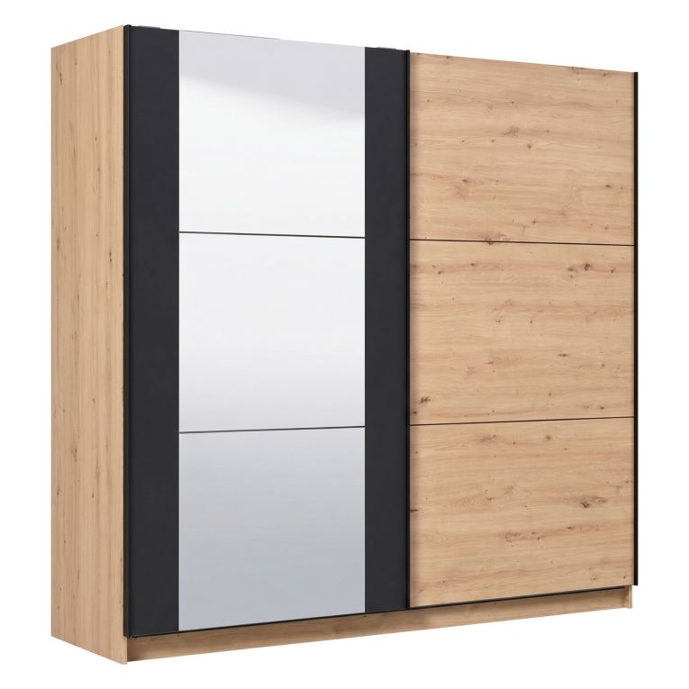 Guardaroba Grande Marrone Rovere Nodi Nero Appendiabiti 8 Ripiani 217x210h cm, Apertura Scorrevole - Gandino