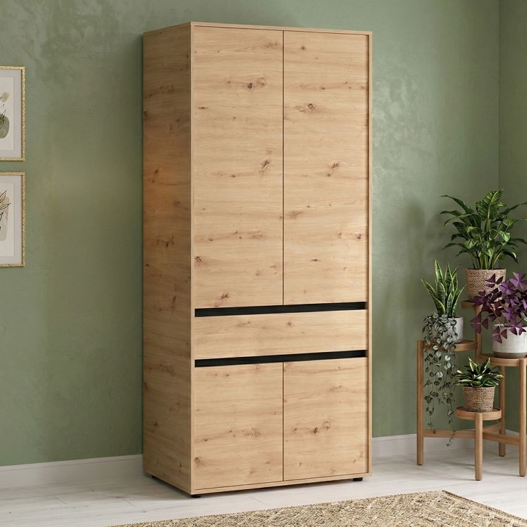 Guardaroba Grande Marrone Rovere Nodi Nero Rovere Nodi 3 Ripiani Appendiabiti 93x210.5h cm, Apertura Battente - Vimercati