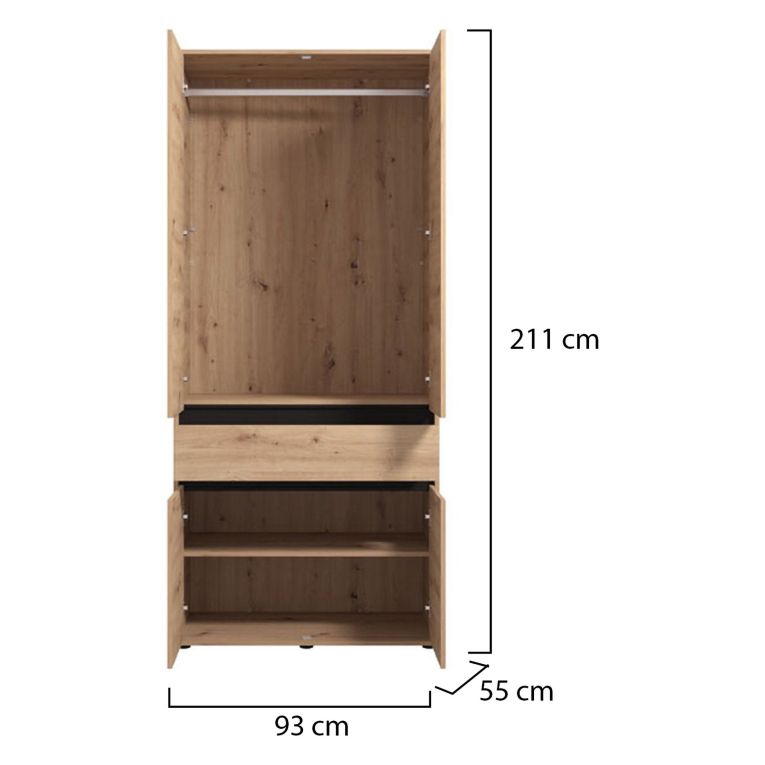 Guardaroba Grande Marrone Rovere Nodi Nero Rovere Nodi 3 Ripiani Appendiabiti 93x210.5h cm, Apertura Battente - Vimercati