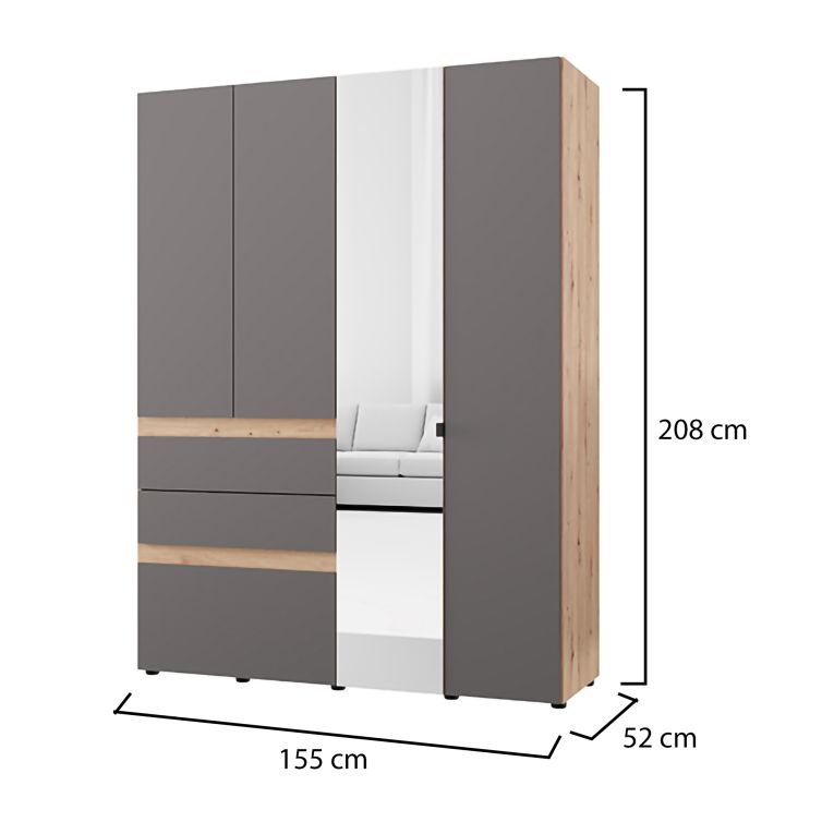 Guardaroba Grande Nero Antracite Marrone 3 Ripiani 3 Cassetti 155x208h cm, Appendiabiti - Ushuaia