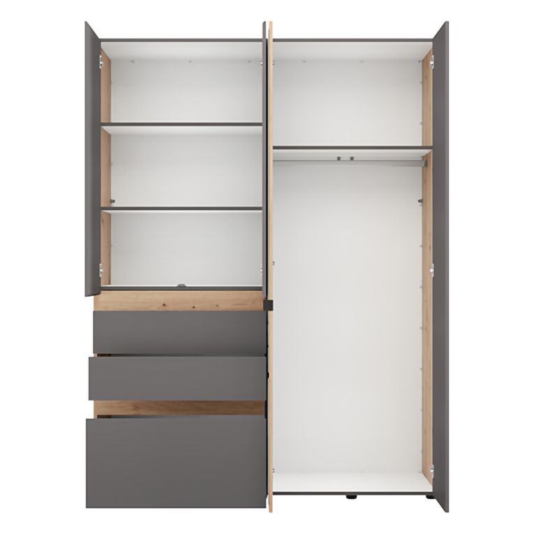 Guardaroba Grande Nero Antracite Marrone 3 Ripiani 3 Cassetti 155x208h cm, Appendiabiti - Ushuaia