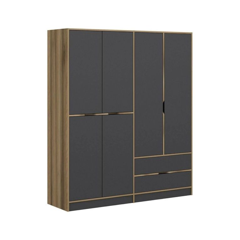 Guardaroba Grande Nero Antracite Marrone Noce 5 Ripiani Appendiabiti 185x208h cm, 2 Cassetti - Odalys