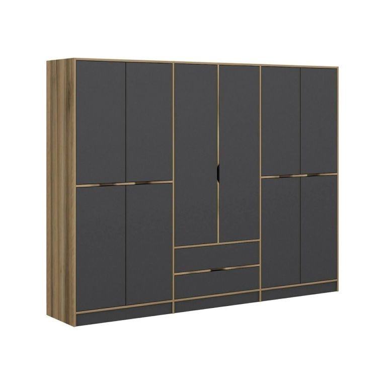 Guardaroba Grande Nero Antracite Marrone Noce 5 Ripiani Appendiabiti 277x208h cm, 2 Cassetti - Gaspard