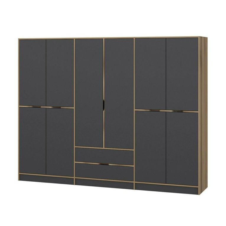 Guardaroba Grande Nero Antracite Marrone Noce 5 Ripiani Appendiabiti 277x208h cm, 2 Cassetti - Gaspard