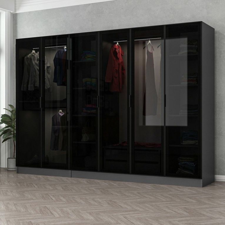 Guardaroba Grande Nero Antracite Nero Fume Appendiabiti 10 Ripiani 270x210h cm, 6 Ante - Nogaro