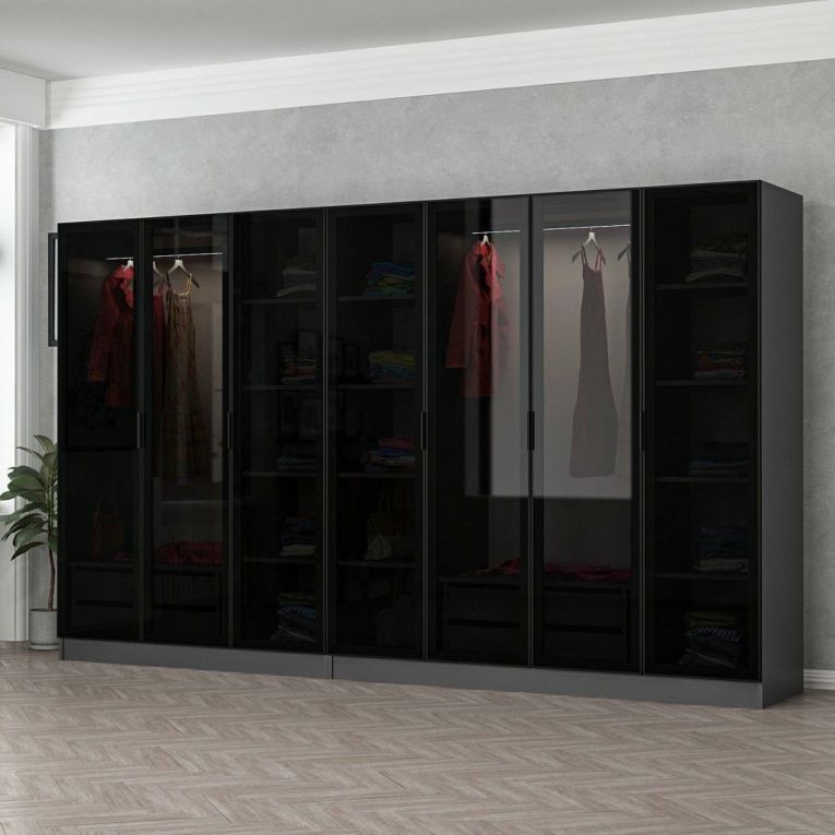 Guardaroba Grande Nero Antracite Nero Fume Appendiabiti 14 Ripiani 315x210h cm, 7 Ante - Prunettos