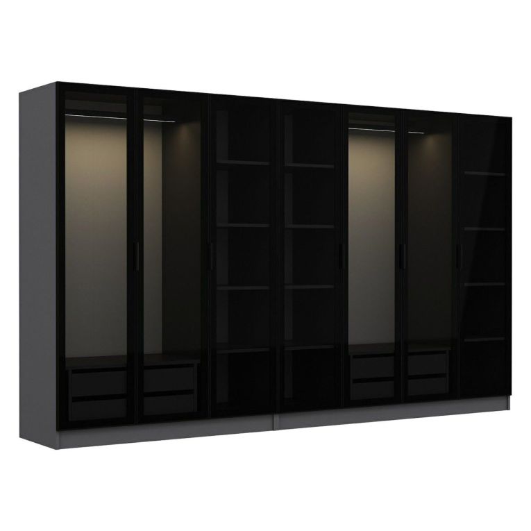 Guardaroba Grande Nero Antracite Nero Fume Appendiabiti 14 Ripiani 315x210h cm, 7 Ante - Prunettos