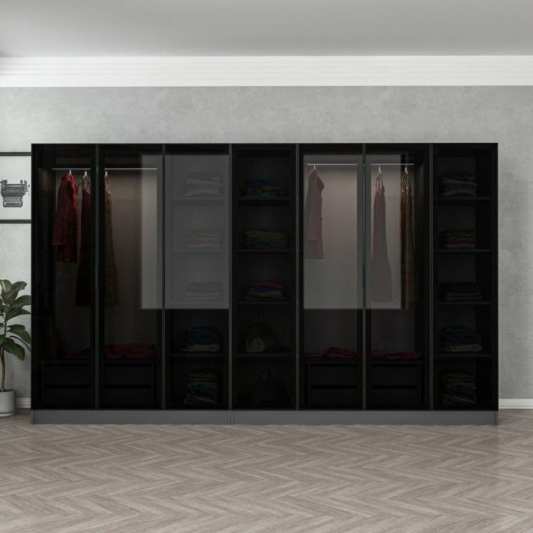 Guardaroba Grande Nero Antracite Nero Fume Appendiabiti 14 Ripiani 315x210h cm, 7 Ante - Prunettos