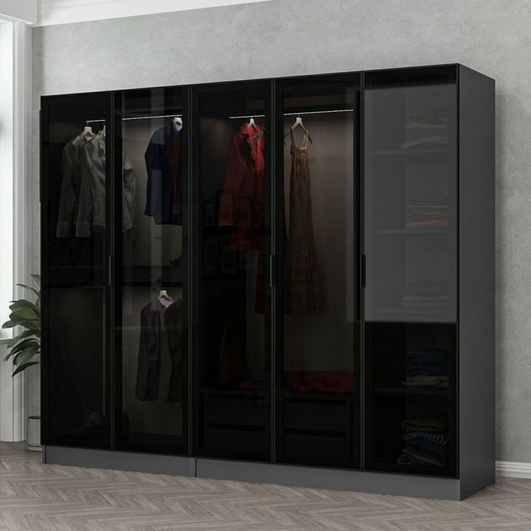 Guardaroba Grande Nero Antracite Nero Fume Appendiabiti 6 Ripiani 225x210h cm, 5 Ante - Sinibalda