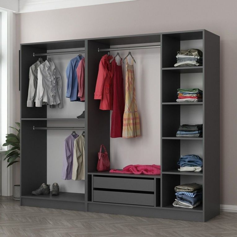 Guardaroba Grande Nero Antracite Nero Fume Appendiabiti 6 Ripiani 225x210h cm, 5 Ante - Sinibalda