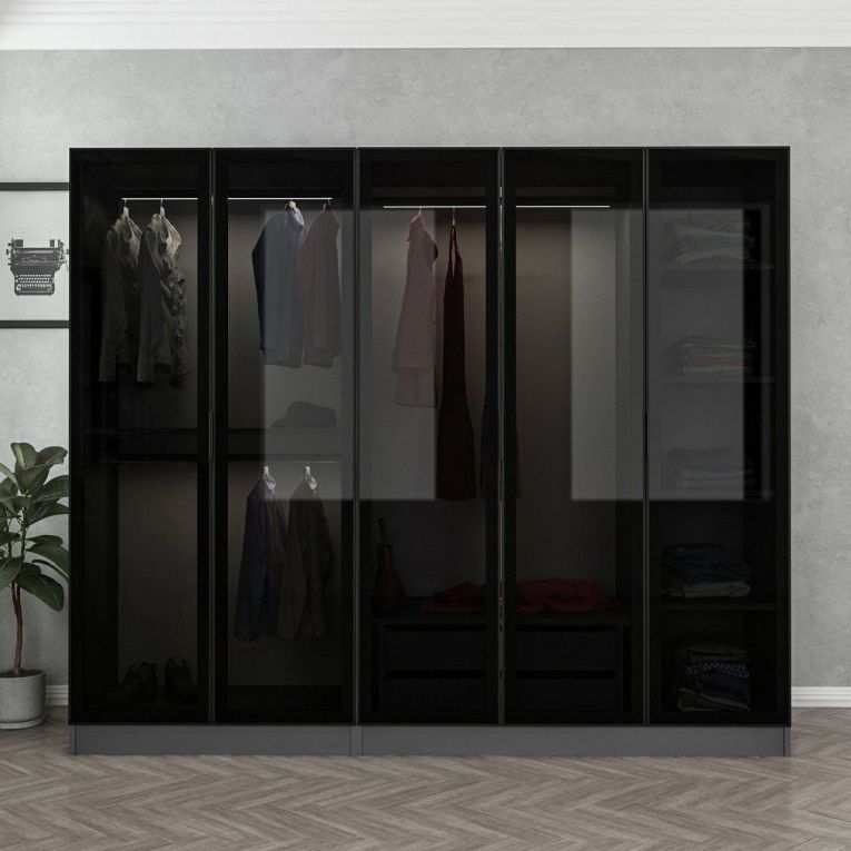 Guardaroba Grande Nero Antracite Nero Fume Appendiabiti 6 Ripiani 225x210h cm, 5 Ante - Sinibalda