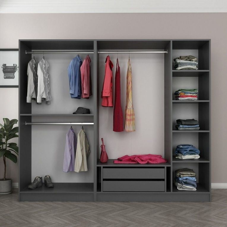 Guardaroba Grande Nero Antracite Nero Fume Appendiabiti 6 Ripiani 225x210h cm, 5 Ante - Sinibalda