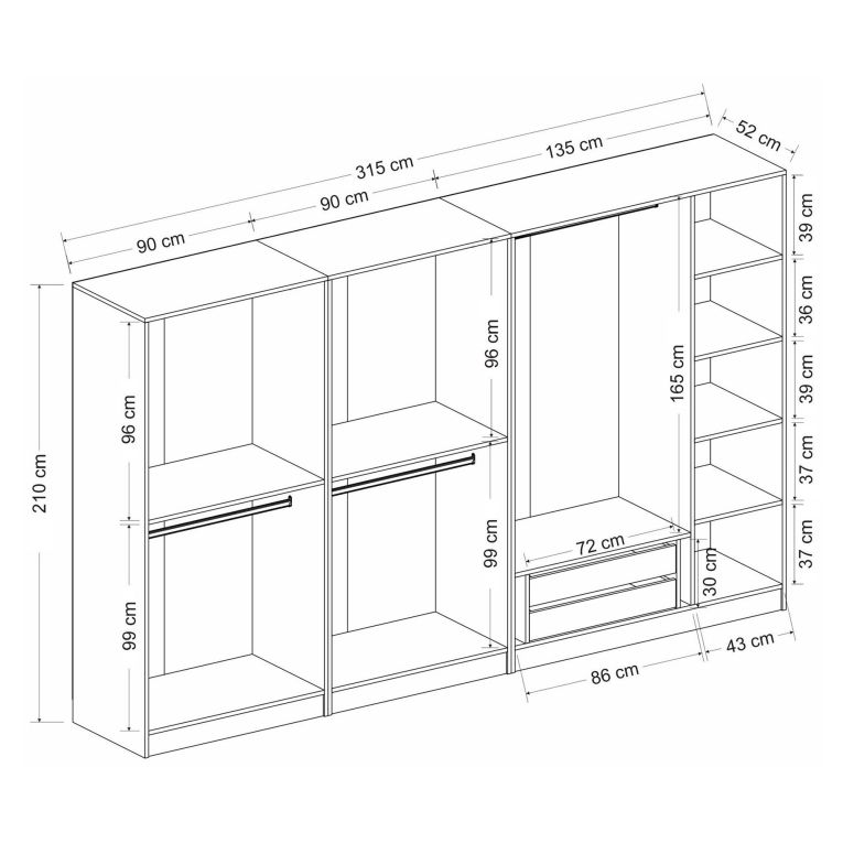 Guardaroba Grande Nero Antracite Nero Fume Appendiabiti 7 Ripiani 315x210h cm, 7 Ante - Prunetto
