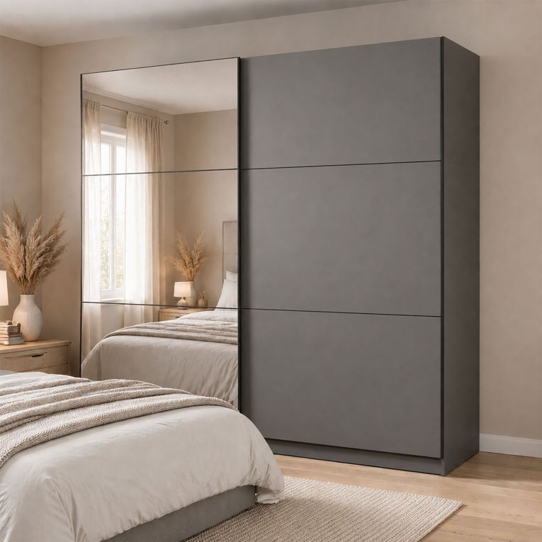 Guardaroba Grande Nero Antracite Trasparente Appendiabiti 8 Ripiani 217x210h cm, Apertura Scorrevole - Soncino