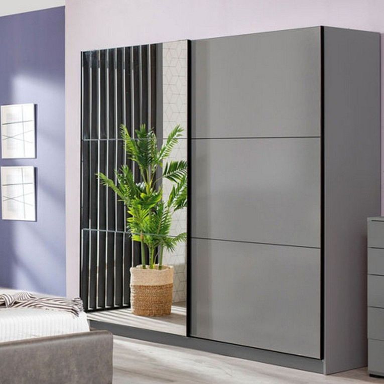 Guardaroba Grande Nero Antracite Trasparente Appendiabiti 8 Ripiani 217x210h cm, Apertura Scorrevole - Soncino