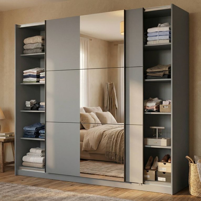 Guardaroba Grande Nero Antracite Trasparente Appendiabiti 8 Ripiani 236.5x210h cm, Apertura Scorrevole - Sorgono