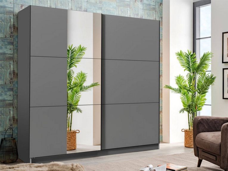 Guardaroba Grande Nero Antracite Trasparente Appendiabiti 8 Ripiani 236.5x210h cm, Apertura Scorrevole - Sorgono