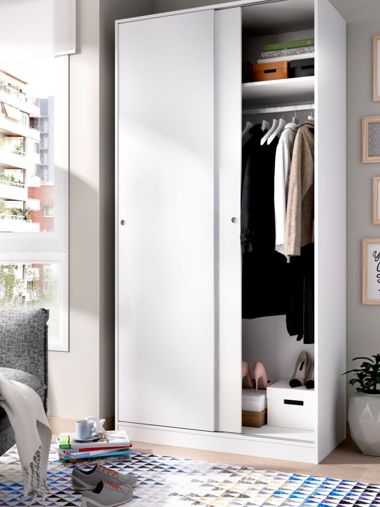 Guardaroba Kilimangiaro, Mobile appendiabiti per camera da letto, Armadio con 2 ante scorrevoli, 100x50h204 cm, Bianco lucido