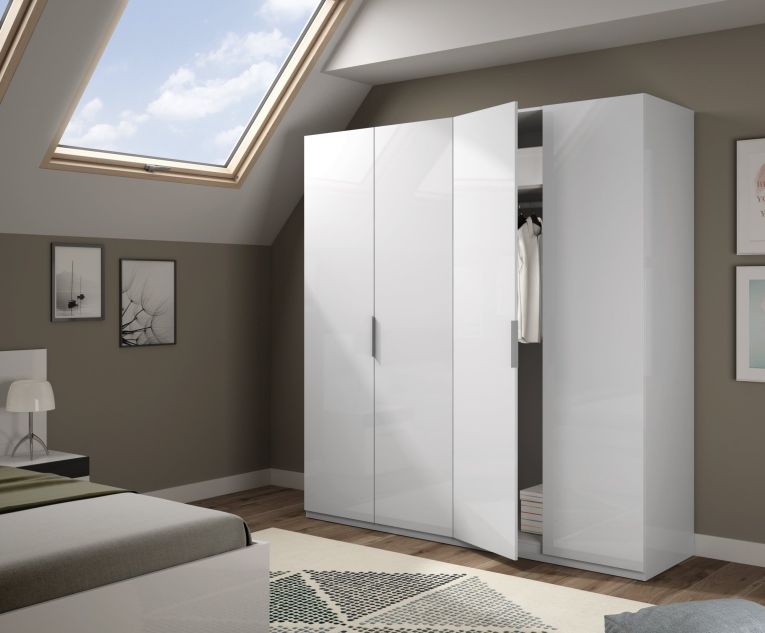 Guardaroba Knoxville, Armadio per camera da letto a 4 ante battenti, Mobile con 2 ripiani e barra appendiabiti, 180x52h200 cm, Bianco lucido