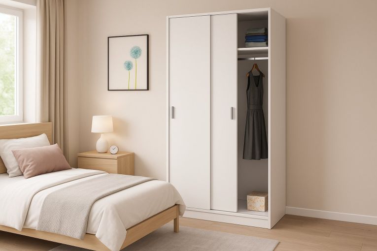 Guardaroba Lansing, Armadio per camera da letto a 2 ante scorrevoli, Mobile con ripiano e barra appendiabiti, 100x50h200 cm, Bianco