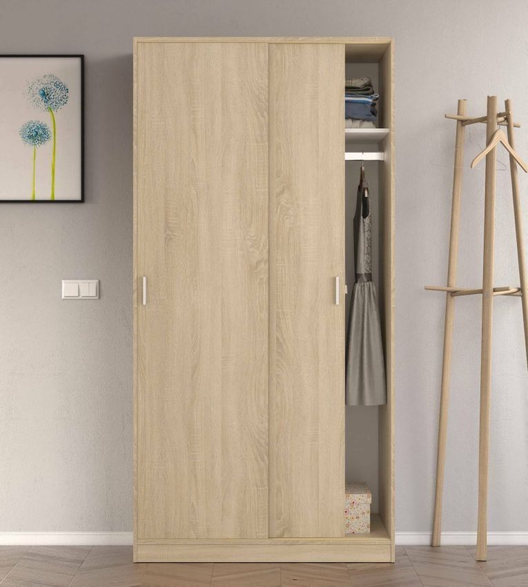 Guardaroba Lansing, Armadio per camera da letto a 2 ante scorrevoli, Mobile con ripiano e barra appendiabiti, 100x50h200 cm, Rovere