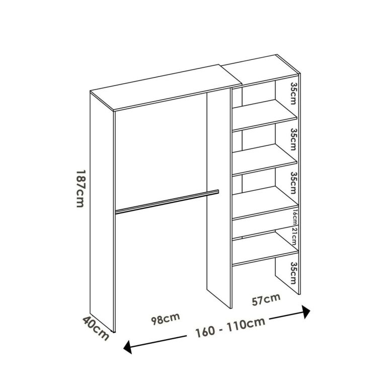 Guardaroba Lhotse, Struttura per cabina armadio, Mobile appendiabiti aperto, 160x40h187 cm, Bianco