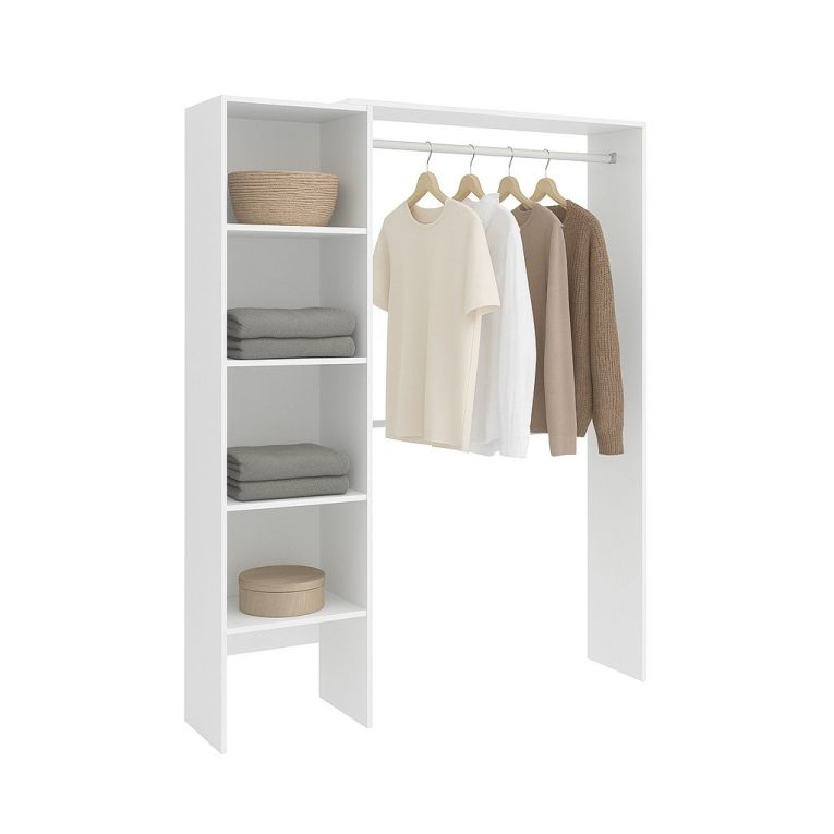 Guardaroba Makalu, Struttura per cabina armadio, Mobile appendiabiti aperto, 140x40h187 cm, Bianco