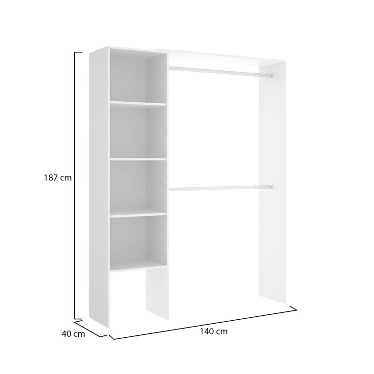 Guardaroba Makalu, Struttura per cabina armadio, Mobile appendiabiti aperto, 140x40h187 cm, Bianco