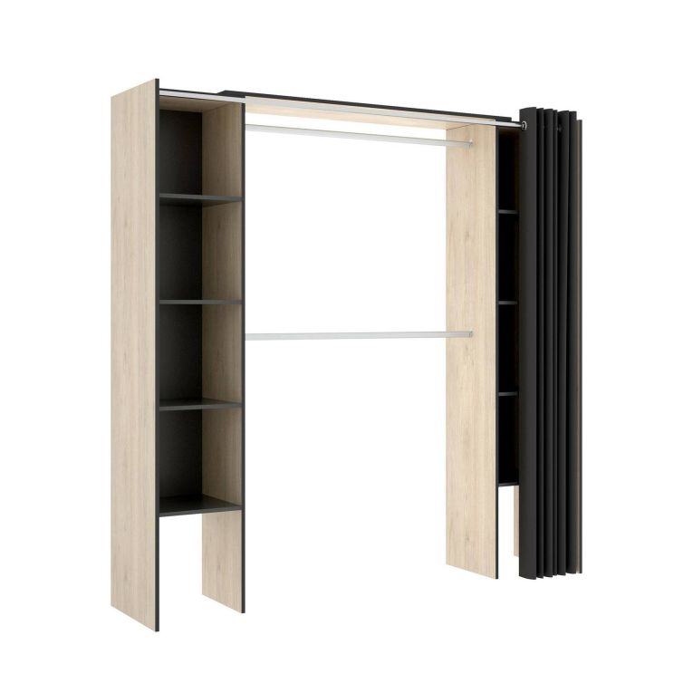Guardaroba Manaslu, Struttura per cabina armadio, Mobile appendiabiti aperto allungabile, 180x50h205 cm, Rovere e Grigio