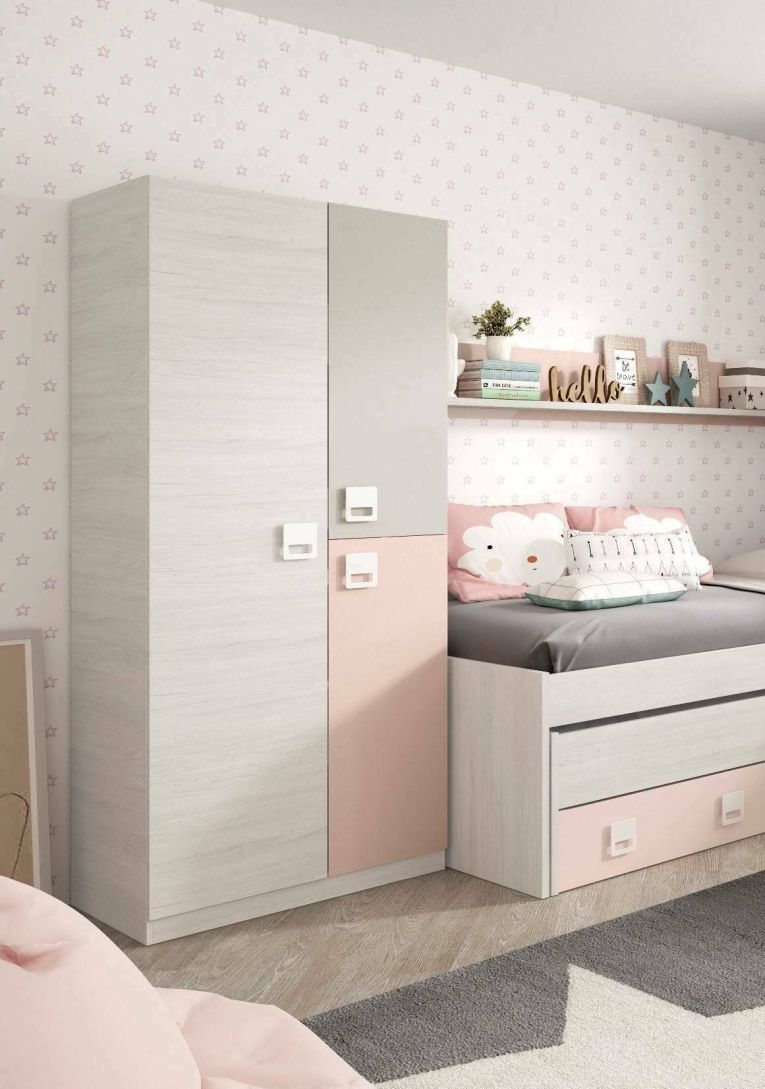 Guardaroba Manchester, Armadio per cameretta, Mobile a 3 ante e 3 ripiani con barra appendiabiti, 90x52h200 cm, Grigio e Rosa