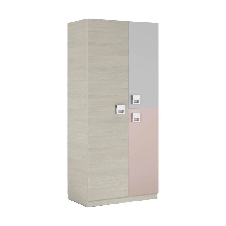 Guardaroba Manchester, Armadio per cameretta, Mobile a 3 ante e 3 ripiani con barra appendiabiti, 90x52h200 cm, Grigio e Rosa