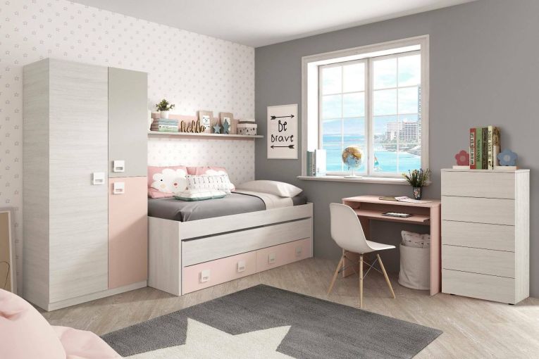 Guardaroba Manchester, Armadio per cameretta, Mobile a 3 ante e 3 ripiani con barra appendiabiti, 90x52h200 cm, Grigio e Rosa