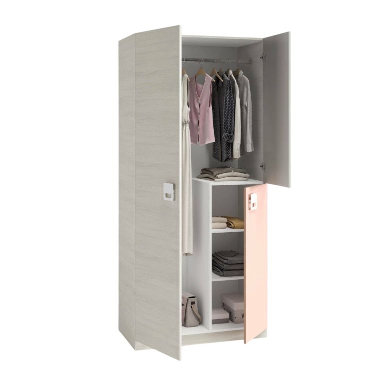Guardaroba Manchester, Armadio per cameretta, Mobile a 3 ante e 3 ripiani con barra appendiabiti, 90x52h200 cm, Grigio e Rosa