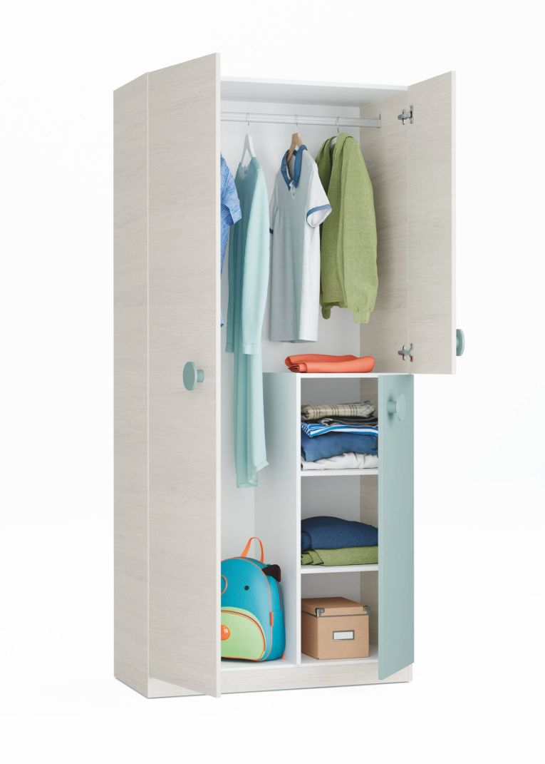 Guardaroba Manchester, Armadio per cameretta, Mobile a 3 ante e 3 ripiani con barra appendiabiti, 90x52h200 cm, Grigio e Verde acqua