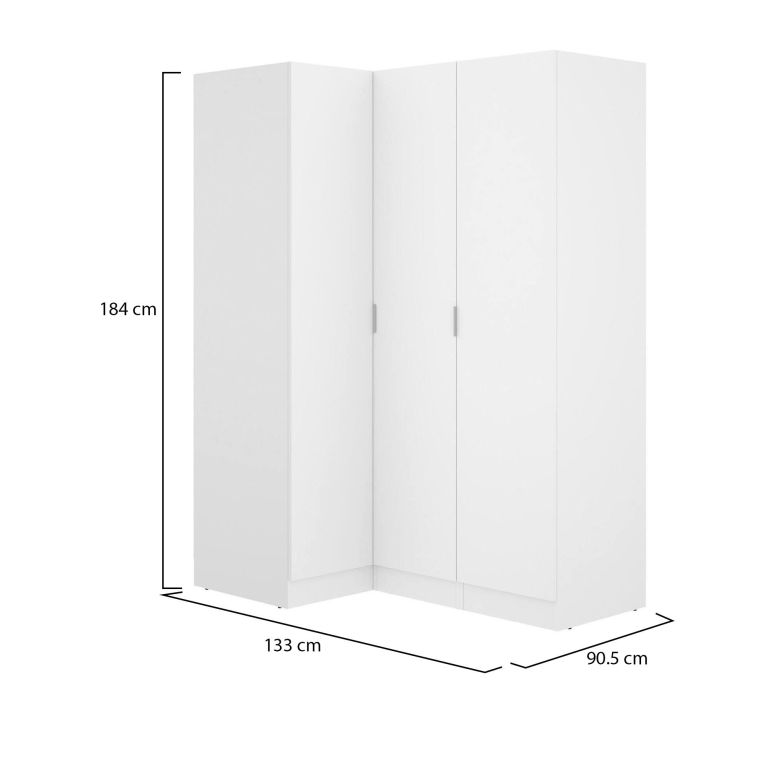 Guardaroba Meru, Mobile angolare per camera da letto, Armadio appendiabiti ad angolo a 3 ante battenti, 133x91h184 cm, Bianco
