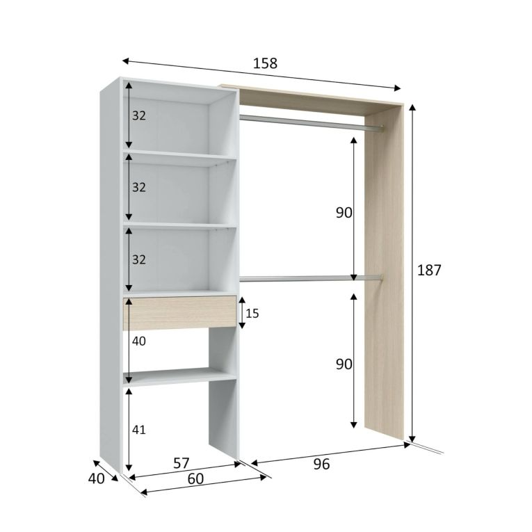 Guardaroba Miramar, Struttura per cabina armadio, Armadio aperto senza ante, Cabina armadio, 158x40h187 cm, Bianco e Rovere