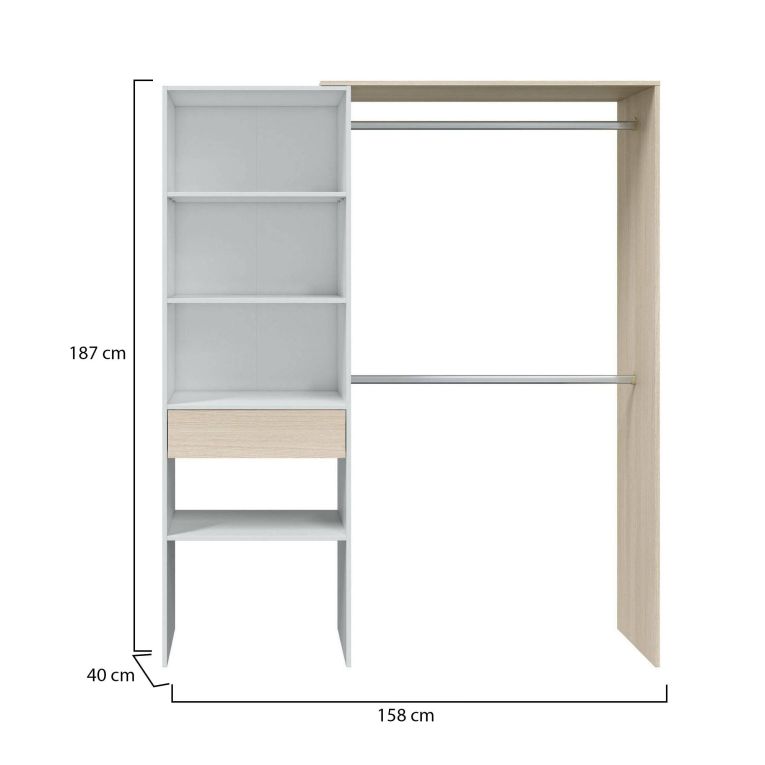 Guardaroba Miramar, Struttura per cabina armadio, Armadio aperto senza ante, Cabina armadio, 158x40h187 cm, Bianco e Rovere