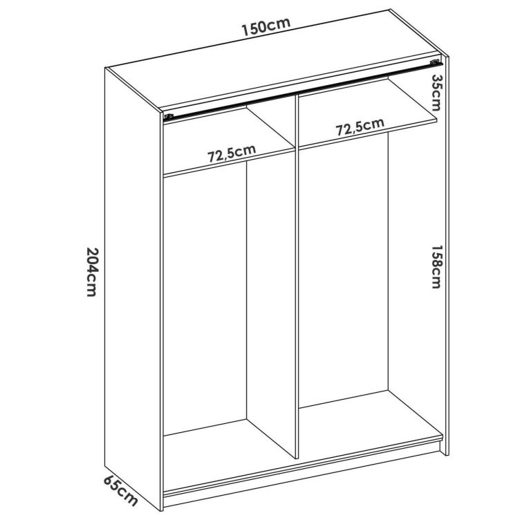 Guardaroba Nuptse, Mobile appendiabiti per camera da letto, Armadio a 2 ante scorrevoli, 150x65h204 cm, Bianco lucido