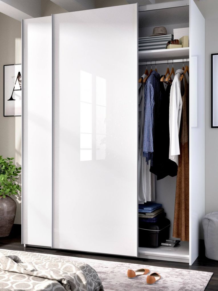 Guardaroba Nuptse, Mobile appendiabiti per camera da letto, Armadio a 2 ante scorrevoli, 150x65h204 cm, Bianco lucido