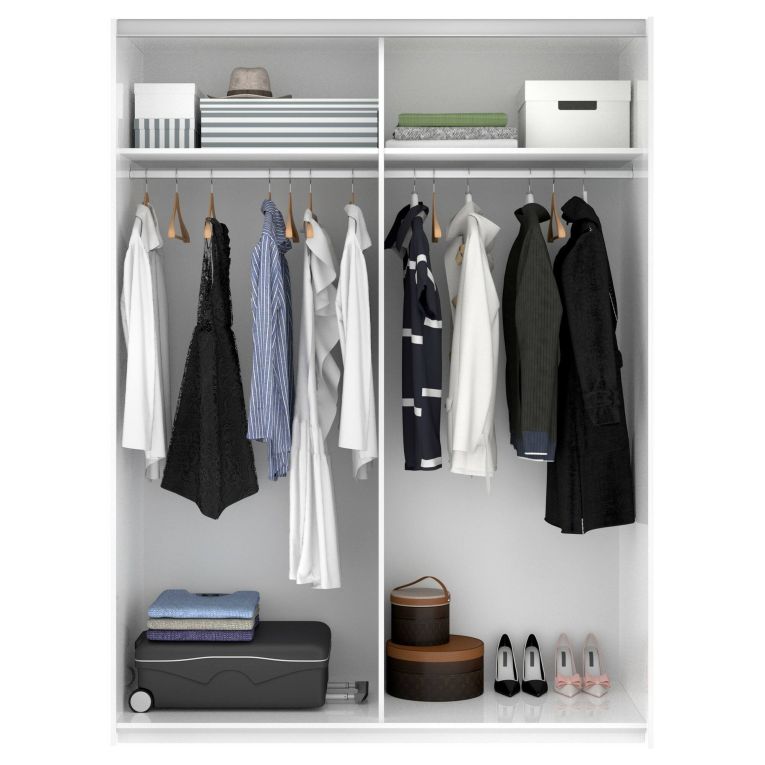 Guardaroba Nuptse, Mobile appendiabiti per camera da letto, Armadio a 2 ante scorrevoli, 150x65h204 cm, Bianco lucido