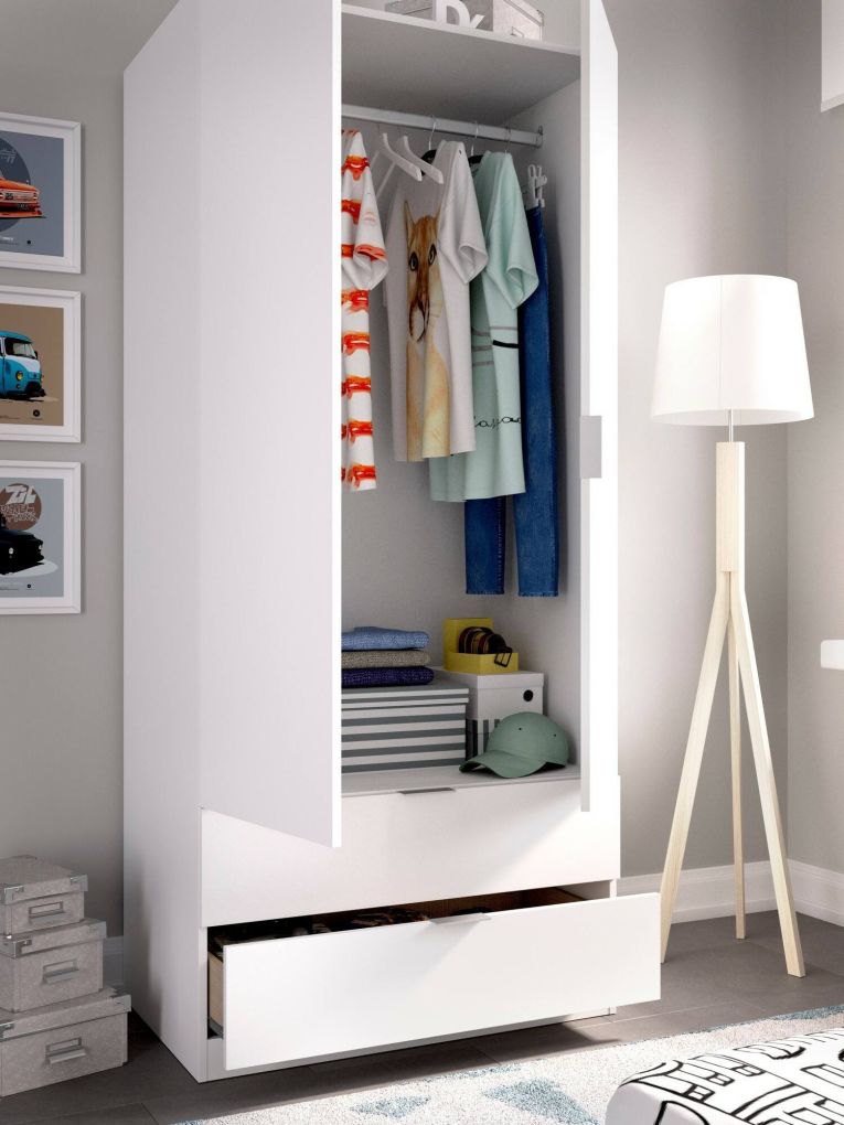 Guardaroba Pisanino, Mobile appendiabiti per camera da letto, Armadio a 2 ante battenti e 2 cassetti, 81x52h184 cm, Bianco