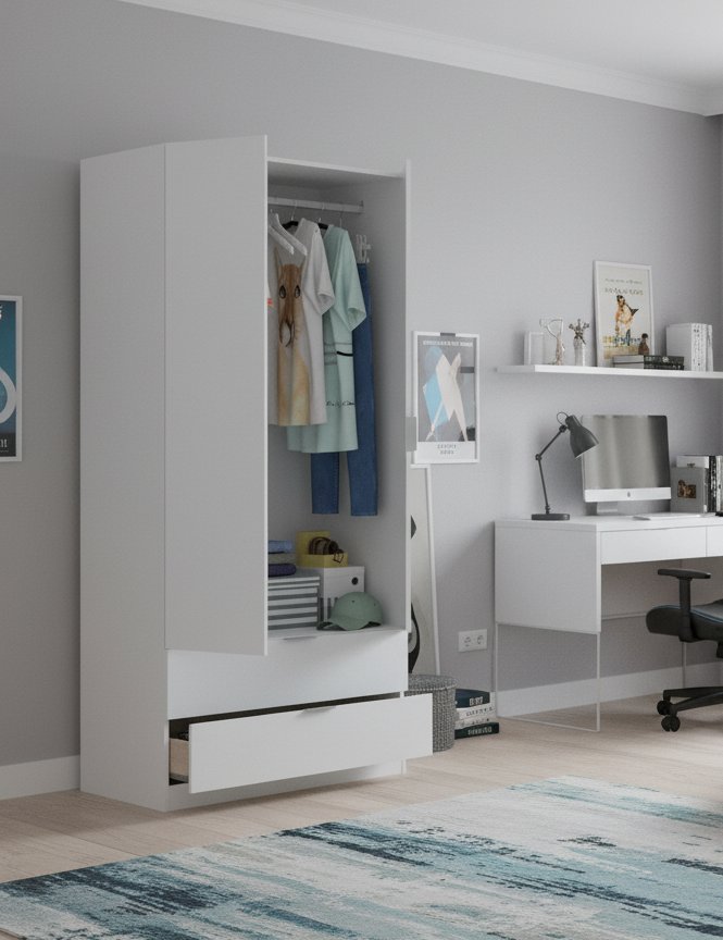 Guardaroba Pisanino, Mobile appendiabiti per camera da letto, Armadio a 2 ante battenti e 2 cassetti, 81x52h184 cm, Bianco