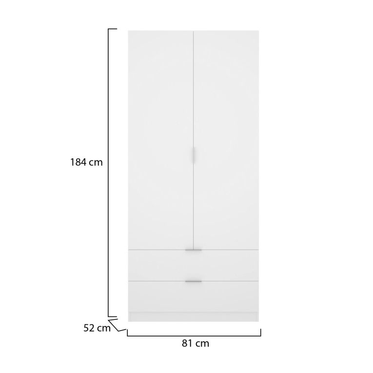 Guardaroba Pisanino, Mobile appendiabiti per camera da letto, Armadio a 2 ante battenti e 2 cassetti, 81x52h184 cm, Bianco