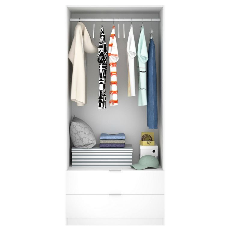Guardaroba Pisanino, Mobile appendiabiti per camera da letto, Armadio a 2 ante battenti e 2 cassetti, 81x52h184 cm, Bianco
